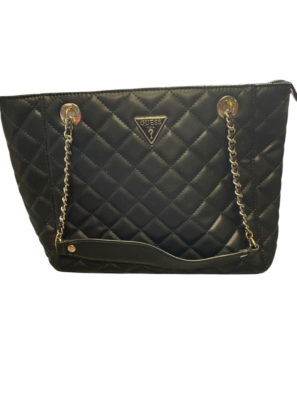 GUESS Black Quilted Shoulder Tote with Gold Chain